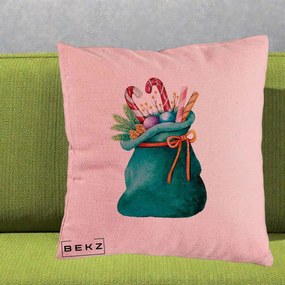 Perna Decorativa Saculet Cadouri Mos Craciun Acuarela Verde, 40x40 cm, Roz, Husa Detasabila, Perna Inclusa, BEKZ®