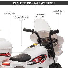 Motocicleta Electrica pentru copii HOMCOM 18-36 luni, baterie de 6V, PP Otel, Alba | AOSOM RO