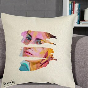 Perna Decorativa Portret Femeie Fragmentat Colorat, 40x40 cm, Ecru, Husa Detasabila, Perna Inclusa, BEKZ®