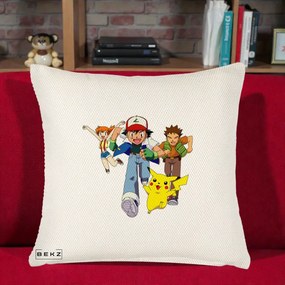 Perna Personalizata Pokemon Ash Misty Brock si Pikachu, 40x40 cm, Crem Reliefat, Husa Detasabila, Perna Inclusa, BEKZ®