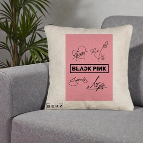 Perna Personalizata K-pop BLACKPINK Semnaturi Roz, 40x40 cm, Bej Canapea, Husa Detasabila, Perna Inclusa, BEKZ®