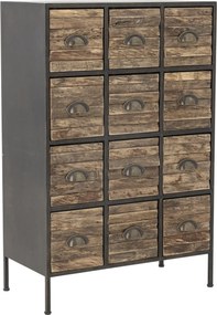 Comodă cu multe sertare, industrială, din metal și lemn, negru, cu 12 sertare, mânere scoică și picioare metalice, 92 x 60,5 x 33,5 cm, „Matteo”