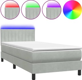 vidaXL Pat cu arcuri cu saltea și LED, gri deschis, 90x210 cm, catifea