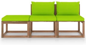 Set mobilier gradina paleti cu perne, 3 piese, lemn pin tratat verde aprins, 2x mijloc + suport pentru picioare, 1