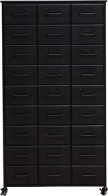 Dulap cu sertare vintage industrial din metal, negru, cu 27 de sertare, port-etichete și roți cu frână, finisaj antichizat, 132 x 76 x 37 cm, „Office”