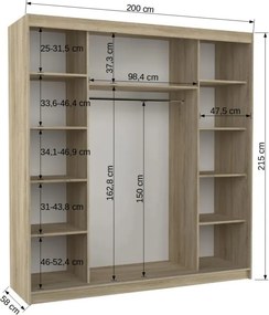 Dulap cu uși glisante DALMATIA – cu oglindă – 200x58x215 cm – Alb / Negru