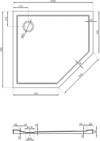 Mexen Flow brodzik pentagonal slim stânga 100 x 90 cm, alb lucios - 46P109010L