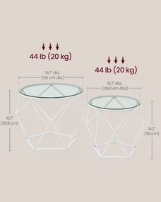 Set 2 masute de cafea, Ø 50 cm / Ø 40 cm, metal / sticla temperata, alb, Vasagle