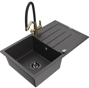 Mexen Bruno chiuvetă de granit cu un compartiment, cu picurător și baterie de bucătărie Duo, Negru cu picățele - 6513-76-671701-