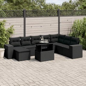 3269355 vidaXL Set mobilier de grădină cu perne, 9 piese, negru, poliratan