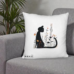 Perna Decorativa Pisica Neagra Flori Portocalii Silueta, 40x40 cm, Alb Pufos, Husa Detasabila, Perna Inclusa, BEKZ®