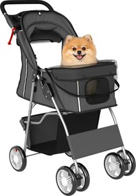 PawHut Cărucior pliabil pentru câini, cărucior cu bandă reflectorizantă, coș de depozitare, pernă pentru câini mici până la 10 kg 77x44x102 cm gri închis | Aosom Romania