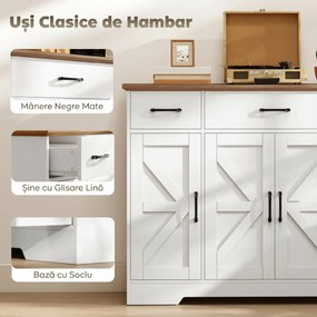 HOMCOM Bufet Bucătărie Rustic, Bufet cu Uși Soft-Close, 3 Sertare, 3 Rafturi Reglabile, Portaspecii, PAL, MDF, Alb | Aosom Romania