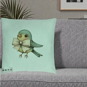 Perna Decorativa Pasare Teal cu Fundita cu Buline, 40x40 cm, Verde Menta, Husa Detasabila, Perna Inclusa, BEKZ®