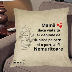 Cadou pentru Mama - Perna Personalizata Mama Nemuritoare Portret Graphic, 40x40 cm, Crem, Husa Detasabila, Perna Inclusa, BEKZ®
