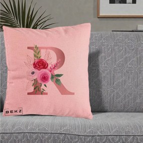Cadou Personalizat - Perna Personalizata Monograma Rose Gold Litera R, 40x40 cm, Roz, Husa Detasabila, Perna Inclusa, BEKZ®