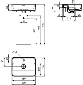 Lavoar semi-incastrat alb 50 cm, dreptunghiular, cu orificiu baterie, Ideal Standard Strada II