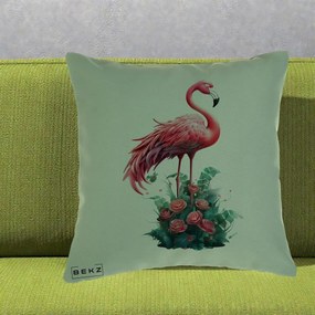 Perna Decorativa Flamingo cu Trandafiri Tropicali, 40x40 cm, Verde, Husa Detasabila, Perna Inclusa, BEKZ®