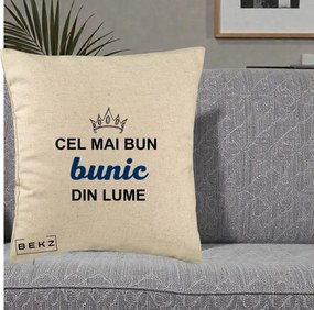 Cadou pentru Bunic - Perna Personalizata Cel Mai Bun Bunic Din Lume Coroana Albastra, 40x40 cm, Bej, Husa Detasabila, Perna Inclusa, BEKZ®