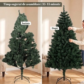 HOMCOM Brad de Crăciun Artificial, 180 cm, cu 820 de Crengi Ignifuge, Verde | Aosom Romania