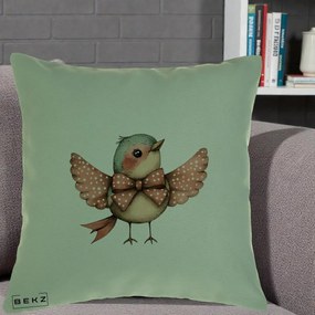 Perna Decorativa Pasare Roz cu Aripi si Fundita, 40x40 cm, Verde, Husa Detasabila, Perna Inclusa, BEKZ®