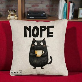 Perna Decorativa NOPE Pisica Neagra Cafea, 40x40 cm, Bej Canapea, Husa Detasabila, Perna Inclusa, BEKZ®