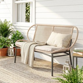 Outsunny Bancă de grădină 2 locuri, banc exterior din rășină împletită cu cadru metalic, rezistent la intemperii, natural | Aosom Romania