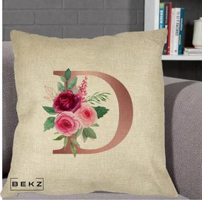 Cadou Personalizat - Perna Personalizata Monograma Rose Gold Litera D, 40x40 cm, Crem, Husa Detasabila, Perna Inclusa, BEKZ®