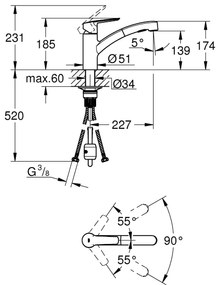 Baterie de bucatarie Grohe Start, 3/7'', pipa medie, pivotanta, dus extractabil, negru mat - 303072431