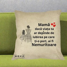 Cadou pentru Mama - Perna Personalizata Mama Nemuritoare Line Art, 40x40 cm, Crem, Husa Detasabila, Perna Inclusa, BEKZ®