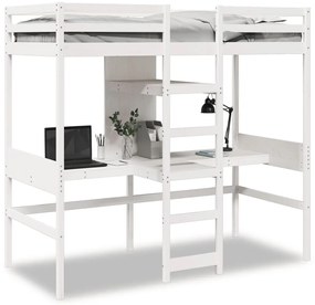 vidaXL Cadru pat etajat, birou/rafturi, alb, 90x200 cm, lemn masiv pin