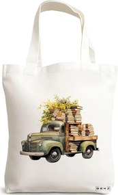 Sacosa de Panza pentru Cumparaturi, Geanta Tote, model The flower truck with books 38 x 34.5 cm, Alba, BEKZ®