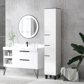 HOMCOM Coloană de Baie Modernă cu Sertar, 2 Dulapuri, 2 Uși și Rafturi Reglabile, Mobilier de Baie, 34x34x190 cm, Alb | Aosom Romania