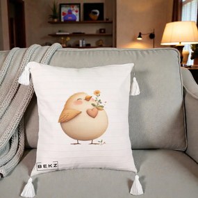 Perna Decorativa Pui cu Inima si Floarea-Soarelui, 40x40 cm, Bej cu Franjuri, Husa Detasabila, Perna Inclusa, BEKZ®