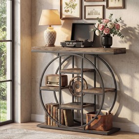 HOMCOM Masă consolă industrială cu rafturi și cadru circular din oțel, 100 x 30 x 81,5 cm, maro rustic | Aosom Romania