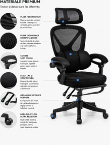 ELITE PRO 870BK – Scaun Ergonomic Premium, Mesh Respirabil, Tetieră Reglabilă, Suport Lombar, Suport pentru Picioare Retractabil, Funcție Recliner, Reglaj pe Înălțime, Negru