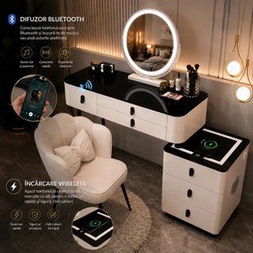 Set MARGOT LONG – Masă de Toaletă pentru Machiaj, Oglindă Alba iluminată LED, Control Touch, 6 sertare, Comoda, Scaun, Difuzor Bluetooth, Zona încărcare fără fir, Alb, 100x40x75 cm