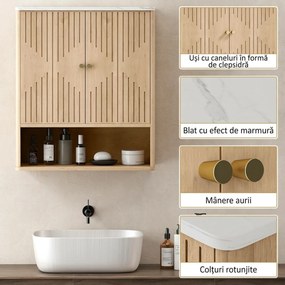 HOMCOM Dulap de Baie de Perete cu Raft Deschis și Uși Decorate Stejar | Aosom Romania