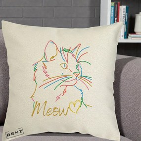 Perna Personalizata Pisica Meow Arta Linie Colorata, 40x40 cm, Ecru, Husa Detasabila, Perna Inclusa, BEKZ®