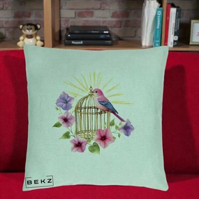 Perna Decorativa Pasare Roz pe Colivie Aurie cu Flori, 40x40 cm, Verde Menta, Husa Detasabila, Perna Inclusa, BEKZ®