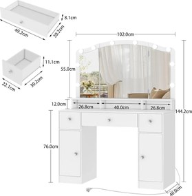 Masuta machiaj cu Oglinda LED si 3 Sertare pentru Cosmetice, Set Masa toaleta 102 cm, Alb, masuta cosmetica, vanity - SEA817