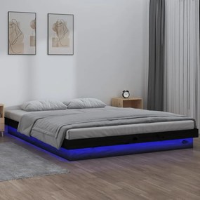 Cadru de pat dublu 4FT6 cu LED, negru, 135x190 cm, lemn masiv Negru, 135 x 190 cm