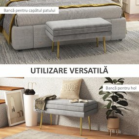 HOMCOM Bancă Otomană Tapițată, Picioare Aurii, Design Modern pentru Living și Dormitor, Gri | Aosom Romania