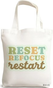 Sacosa de Panza pentru Cumparaturi, Geanta Tote, model RESET REFOCUS RESTART, 38x34.5 cm, Alba, BEKZ®