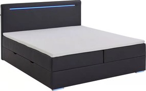 Boxspring 180x200 cm, lada de depozitare, saltele și topper inclus, material piele artificială, culoare neagră, cu LED-uri