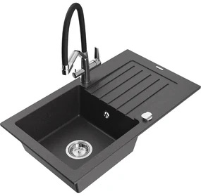 Mexen Pablo chiuvetă de granit cu o singură cuvă cu scurgător și baterie de bucătărie Duo, negru pătat - 6510-76-671701-07