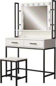 Masuta machiaj cu Oglinda LED si 2 Sertare pentru Cosmetice, Set Masa toaleta 90 cm, Alb, masuta cosmetica, vanity - SEA807