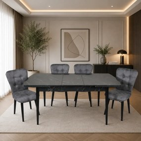 Set masa extensibila cu 4 scaune tapitate Homs marmorat negru 170 x 80 cm