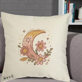 Perna Decorativa Luna Florala Boho, 40x40 cm, Ecru, Husa Detasabila, Perna Inclusa, BEKZ®