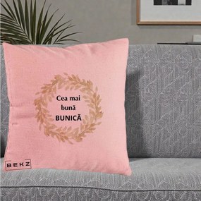 Cadou pentru Bunica - Perna Personalizata Cea Mai Buna Bunica Coronita Frunze Acuarela, 40x40 cm, Roz, Husa Detasabila, Perna Inclusa, BEKZ®